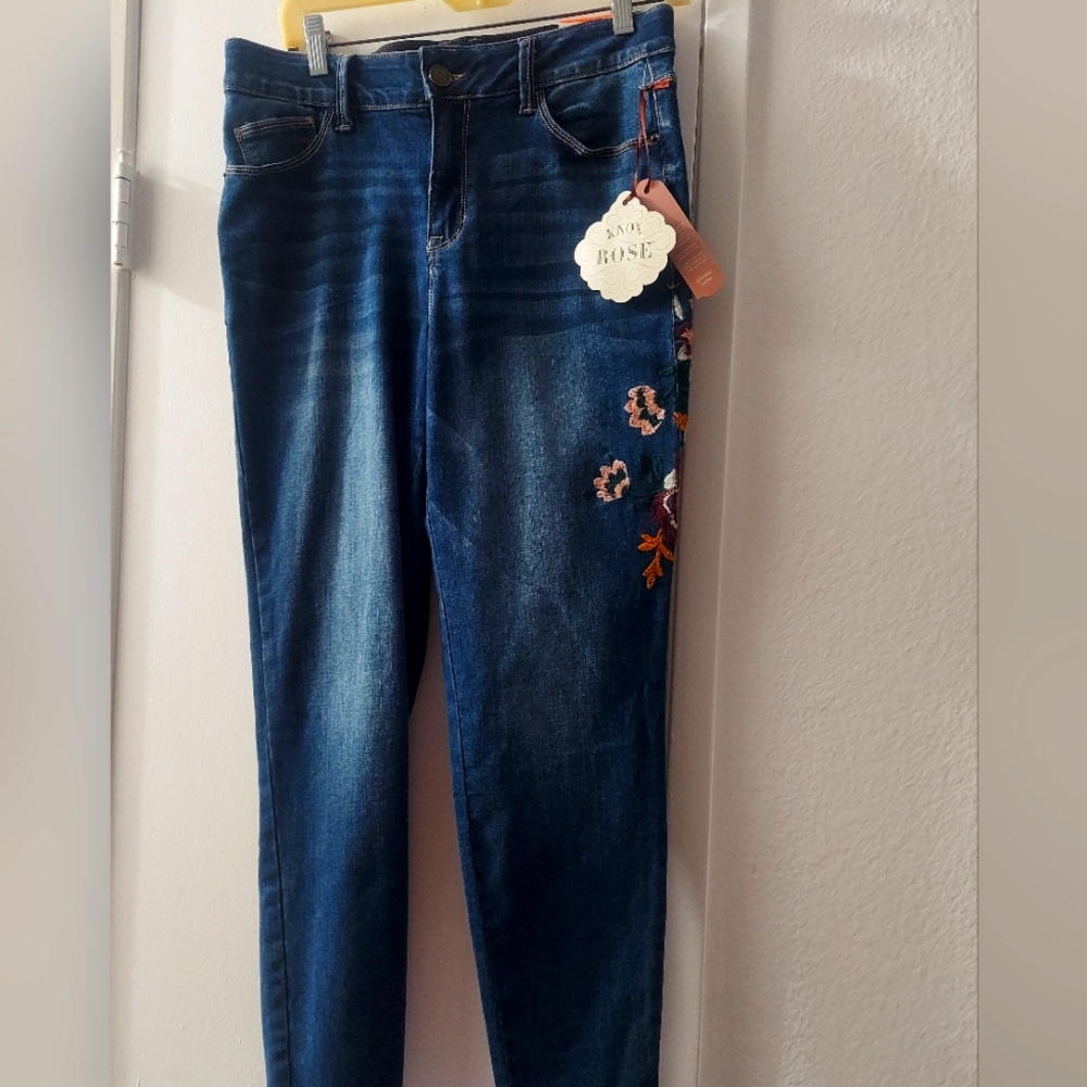 Knox Rose Dark Blue Skinny Jeans with Floral Embroidery